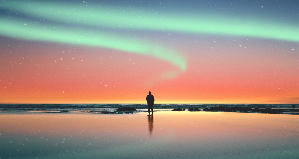 Aurora Sea Man Sunrise Light  - NinneF / Pixabay