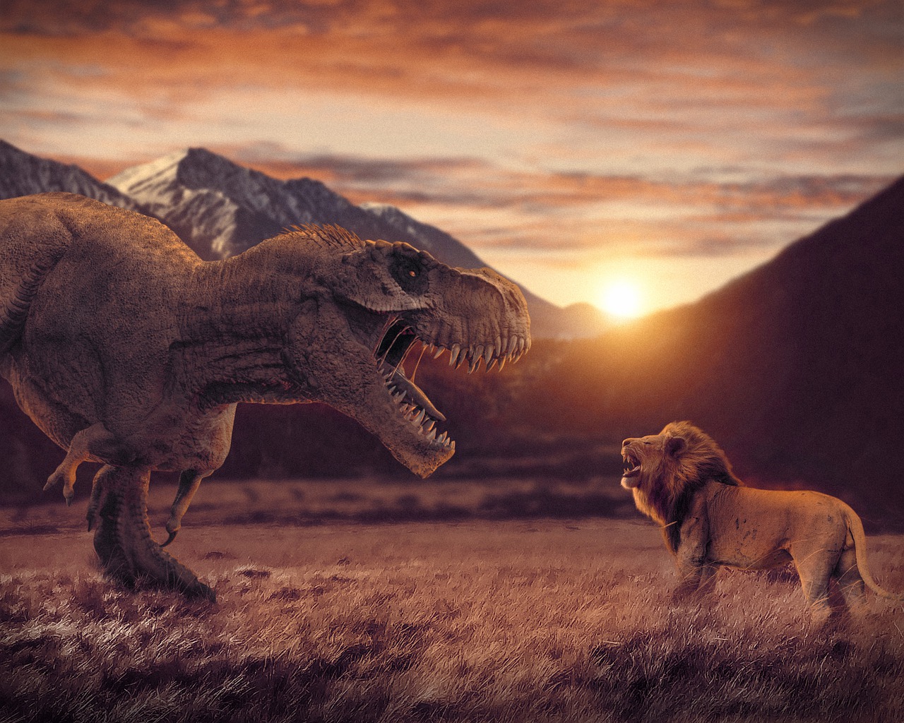 Dinosaur Sunset Lion Battle Animal - yisus_arts / Pixabay