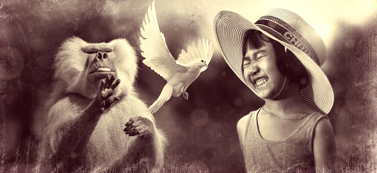 Dove Girl Ape Fun Scene Sepia  - KELLEPICS / Pixabay