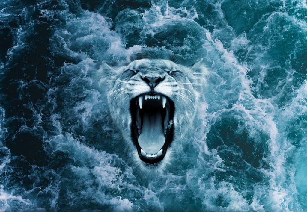 Lion Feline Cat Waves Ocean Wild  - sstoppo / Pixabay
