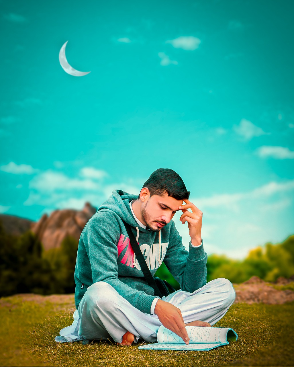 Man Book Grass Moon Sky Reading  - sajidpc096 / Pixabay