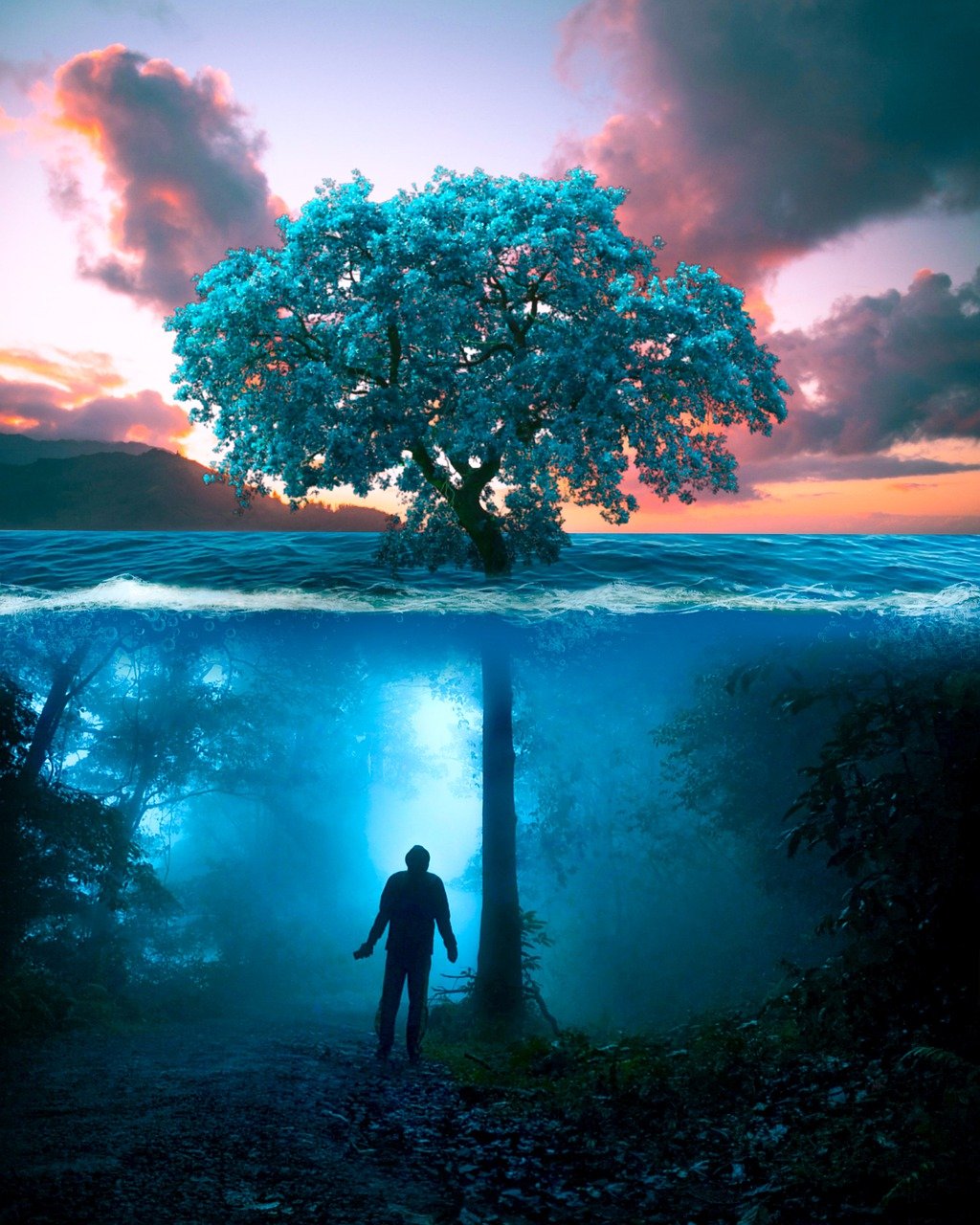 Man Tree Ocean Waves Underwater  - elvina1332 / Pixabay