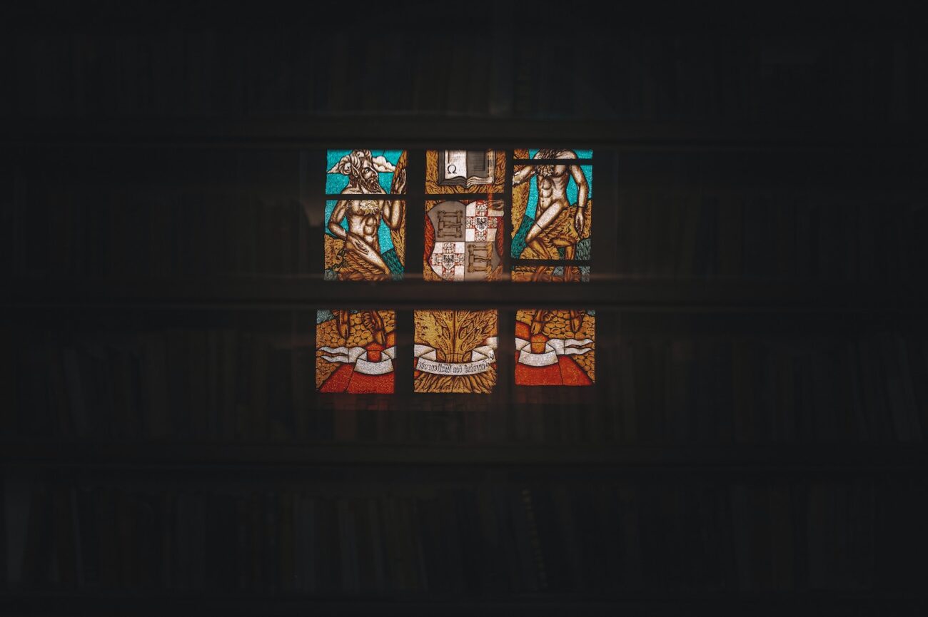 blue red and yellow floral glass window