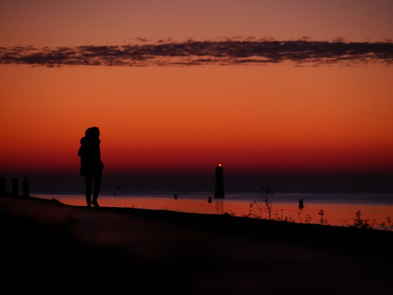 a person standing on a beach at sunset
