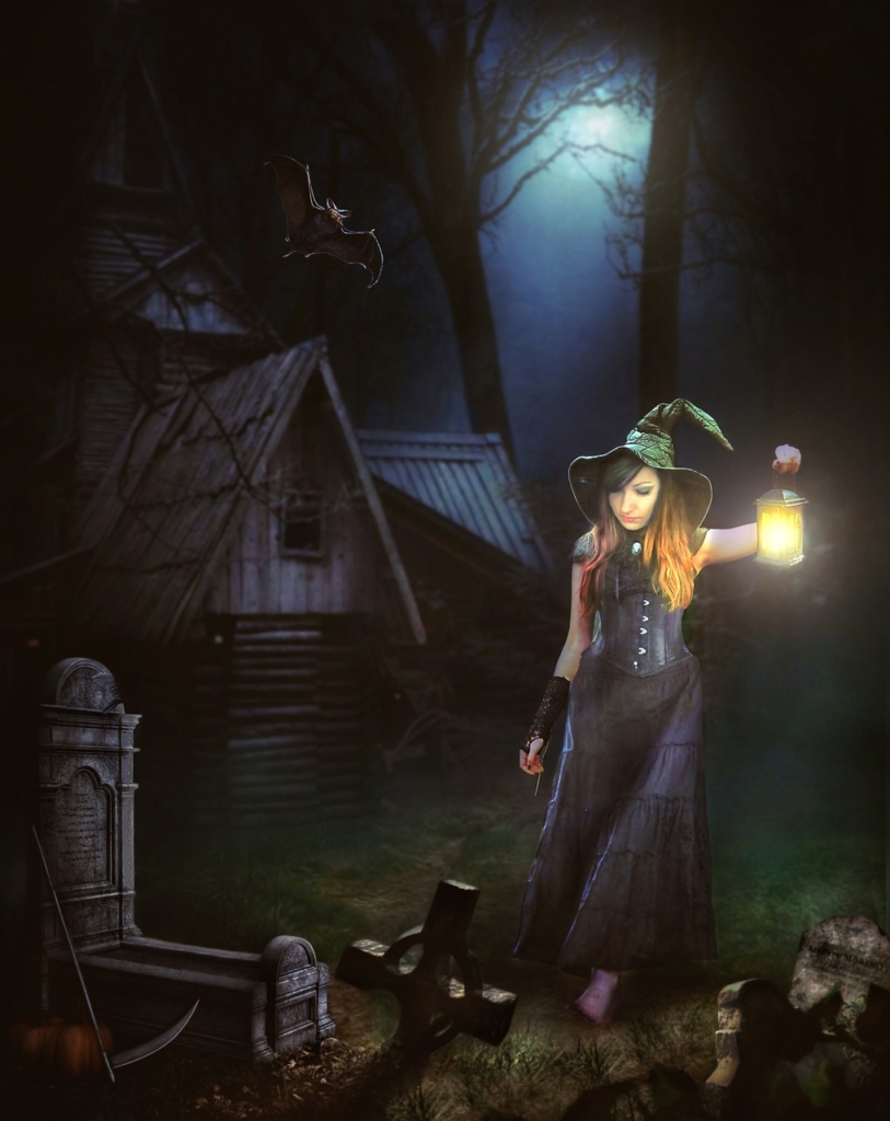 Woman Witch Lamp Graveyard Skulls  - firaangella1 / Pixabay